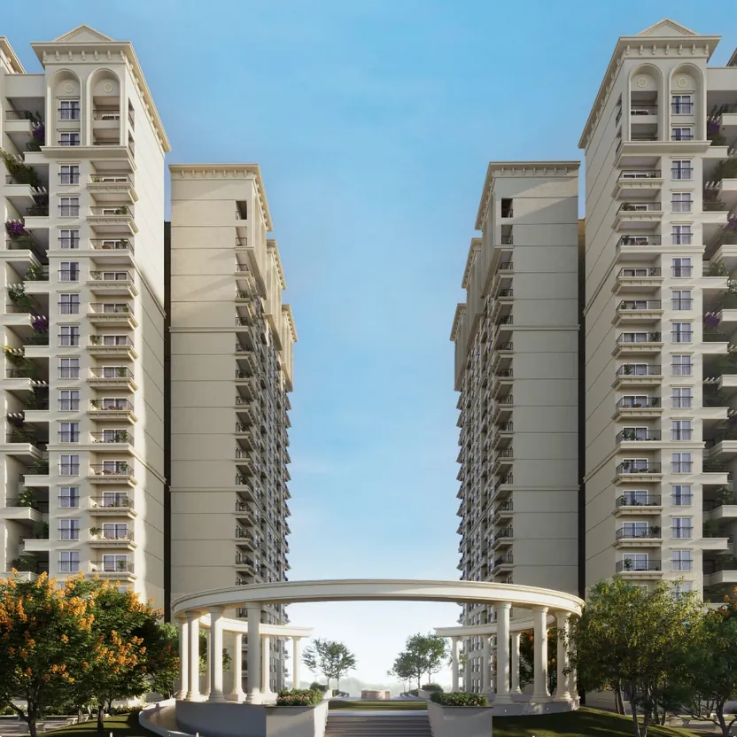 A colonnaded garden court between two towers at SOBHA Neopolis